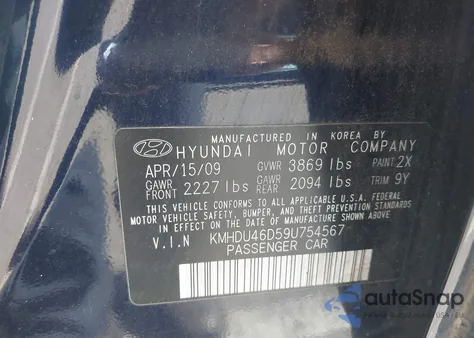 2009 Hyundai Elantra Gls from USA, damaged, VIN KMHDU46D59U754567